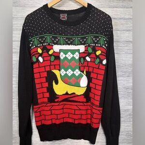 Well Worn Ugly Christmas Sweater Mens L Fireplace Stocking Drink Holder Lights